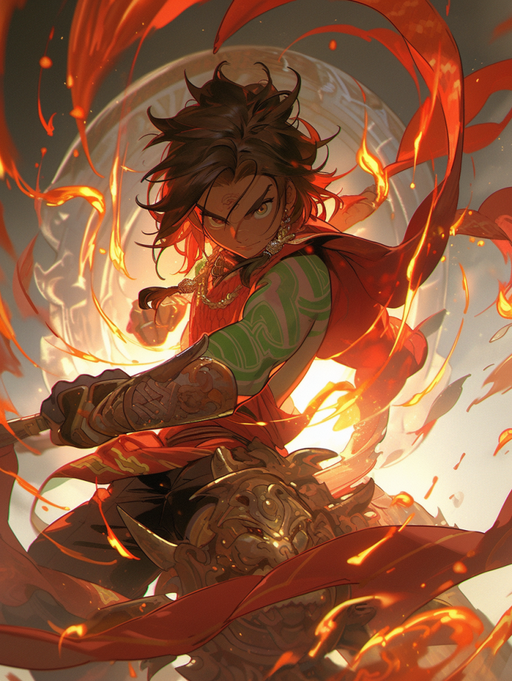 Midjourney prompt: Nezha, boy, Chinese mythology,Red scarf, Fiery whe... - Midjourney