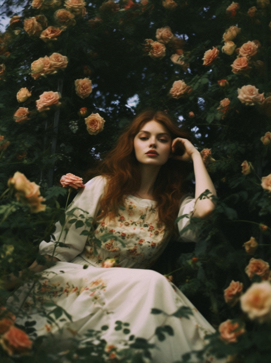 AI generated: Midjourney prompt: a woman sitting in front of a bush of flowers, tum... (Midjourney - Fashion)