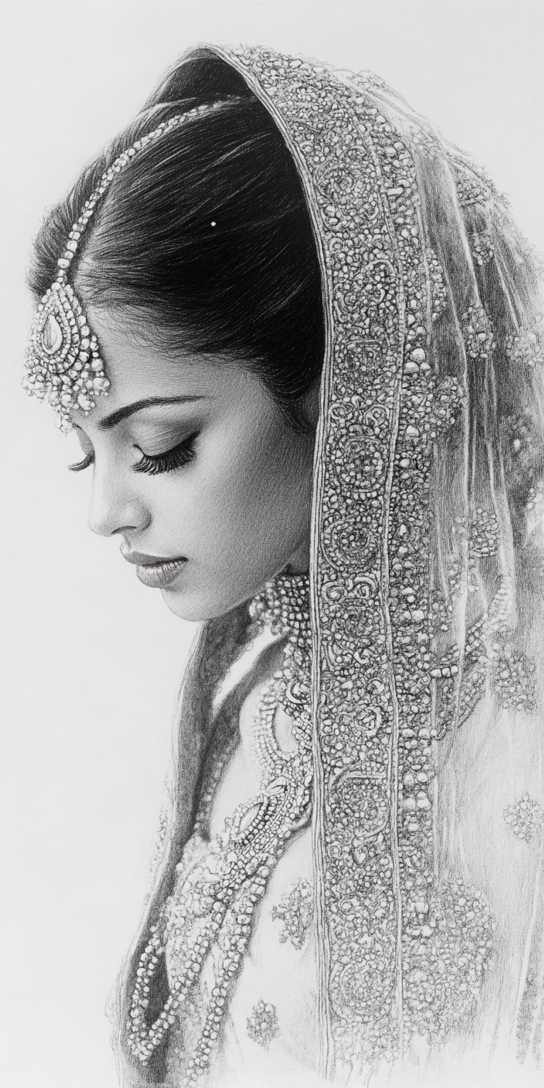 صورة مولدة بالذكاء الاصطناعي: Midjourney prompt: Realistic Black and white sketch of a beautiful In... (نموذج Midjourney - صور شخصية)