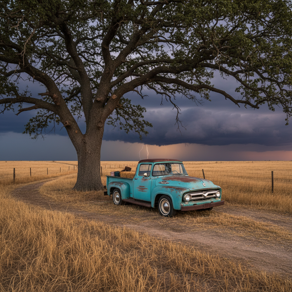 AI generated: Nano Banana prompt: "A vintage pickup truck parked under a tree in an ... (Nano Banana - Concept Art)