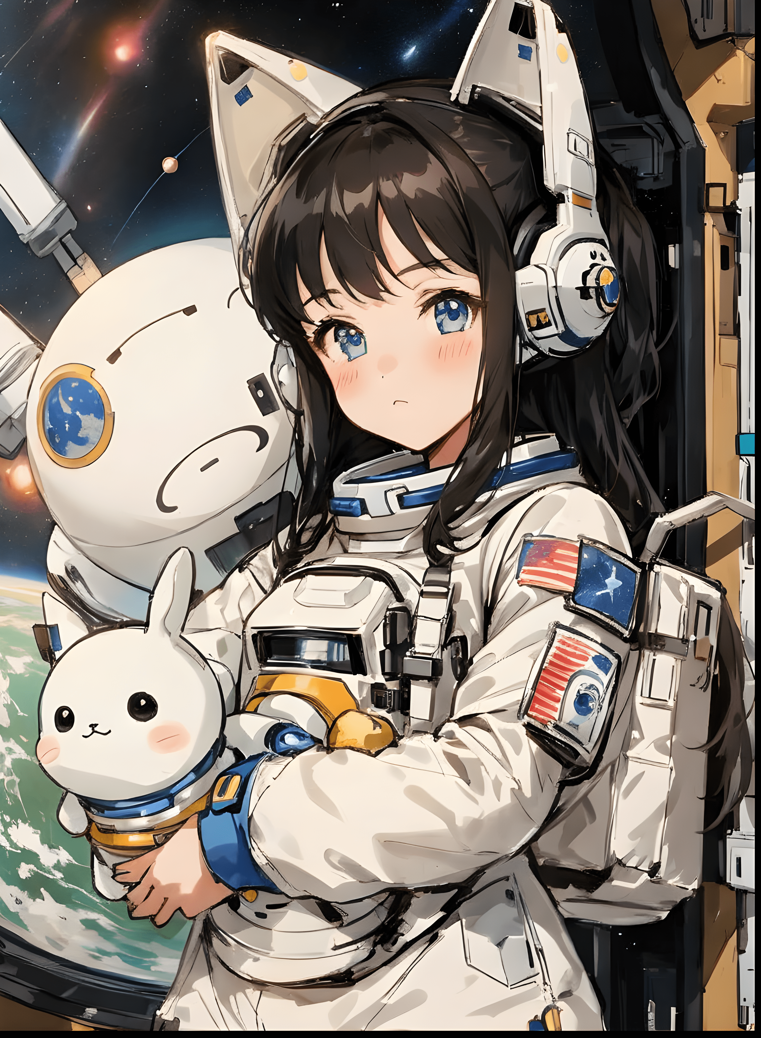 MeinaMix prompt: a girl in a space suit holding a stuffed animal, a... - MeinaMix