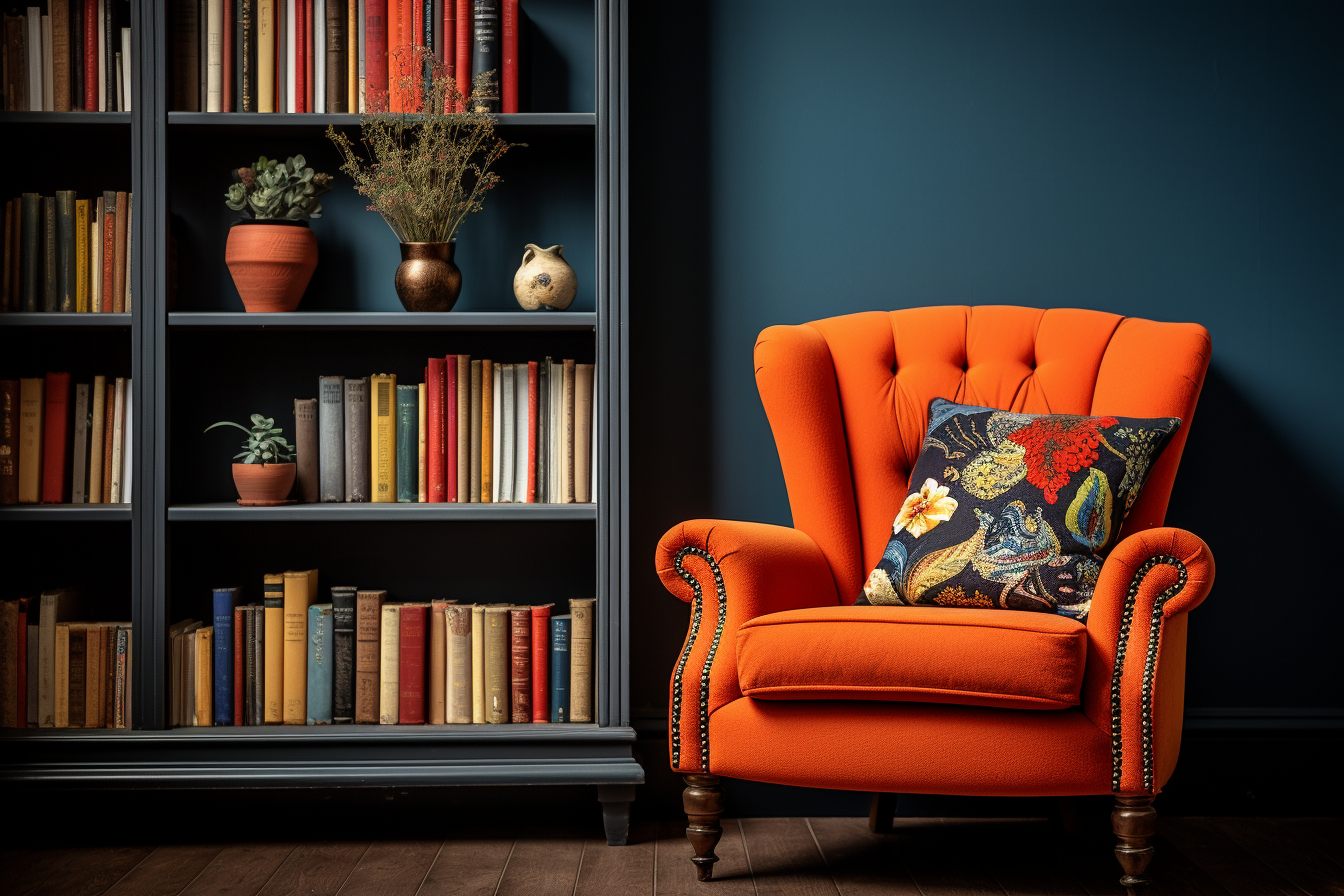 AI generated: Midjourney prompt: Realistic photo of armchair and bookshelf, Top not... (Midjourney - Interior Design)