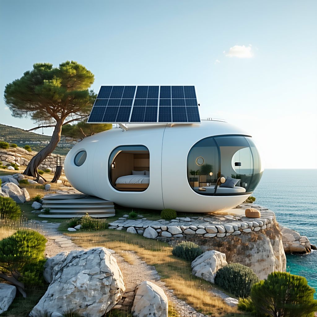 Stable Diffusion prompt: A tiny futuristic house with a s...