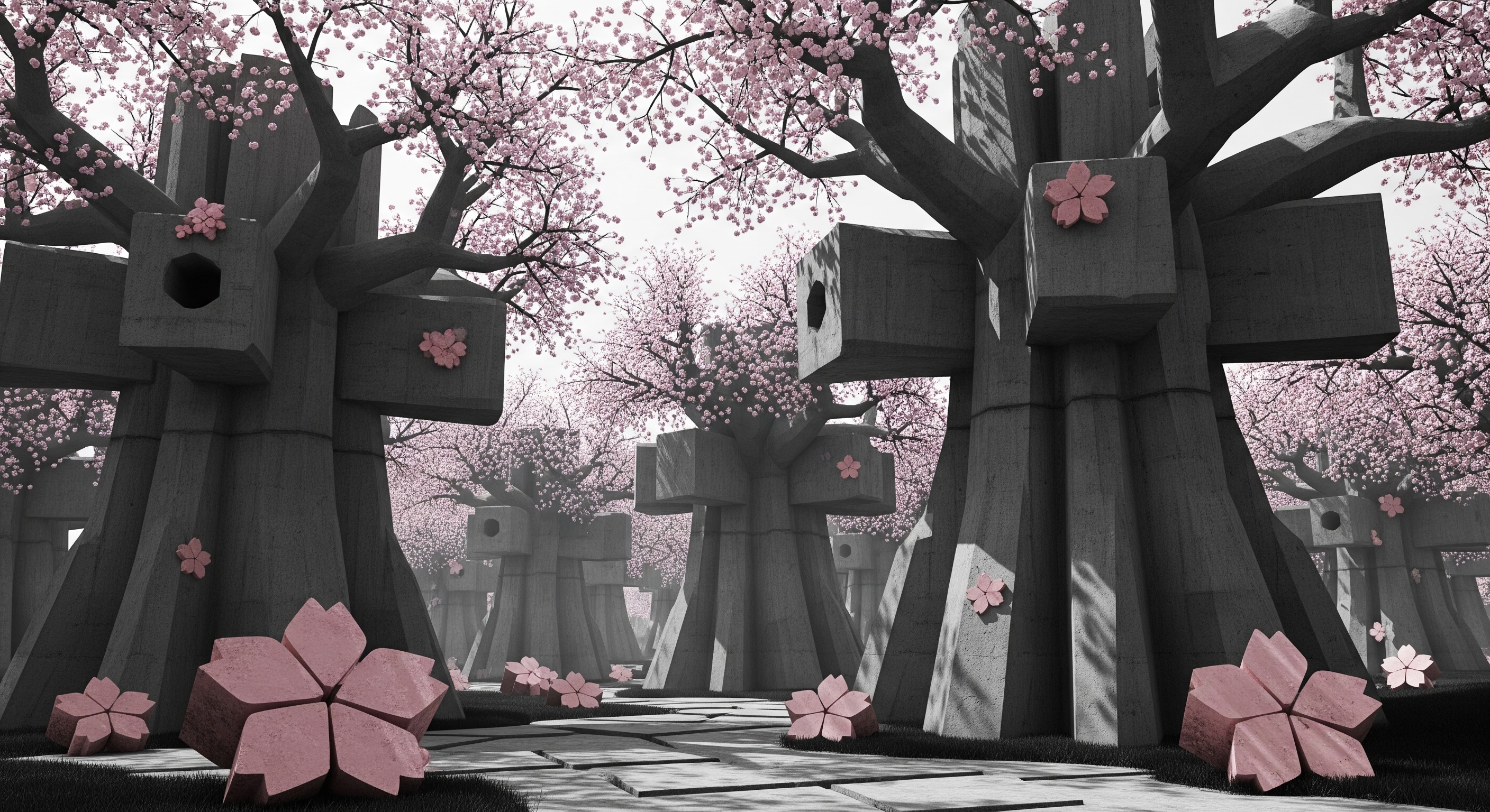 concrete villa cherry blossom garden architecture