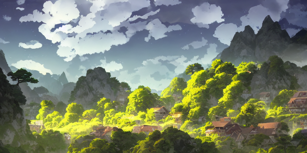 Stable Diffusion prompt: a village below a mountain range...