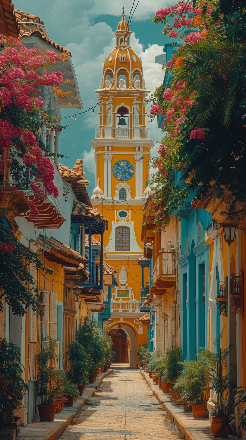 Midjourney prompt: a narrow street with multiple buildings and a cloc... - Midjourney