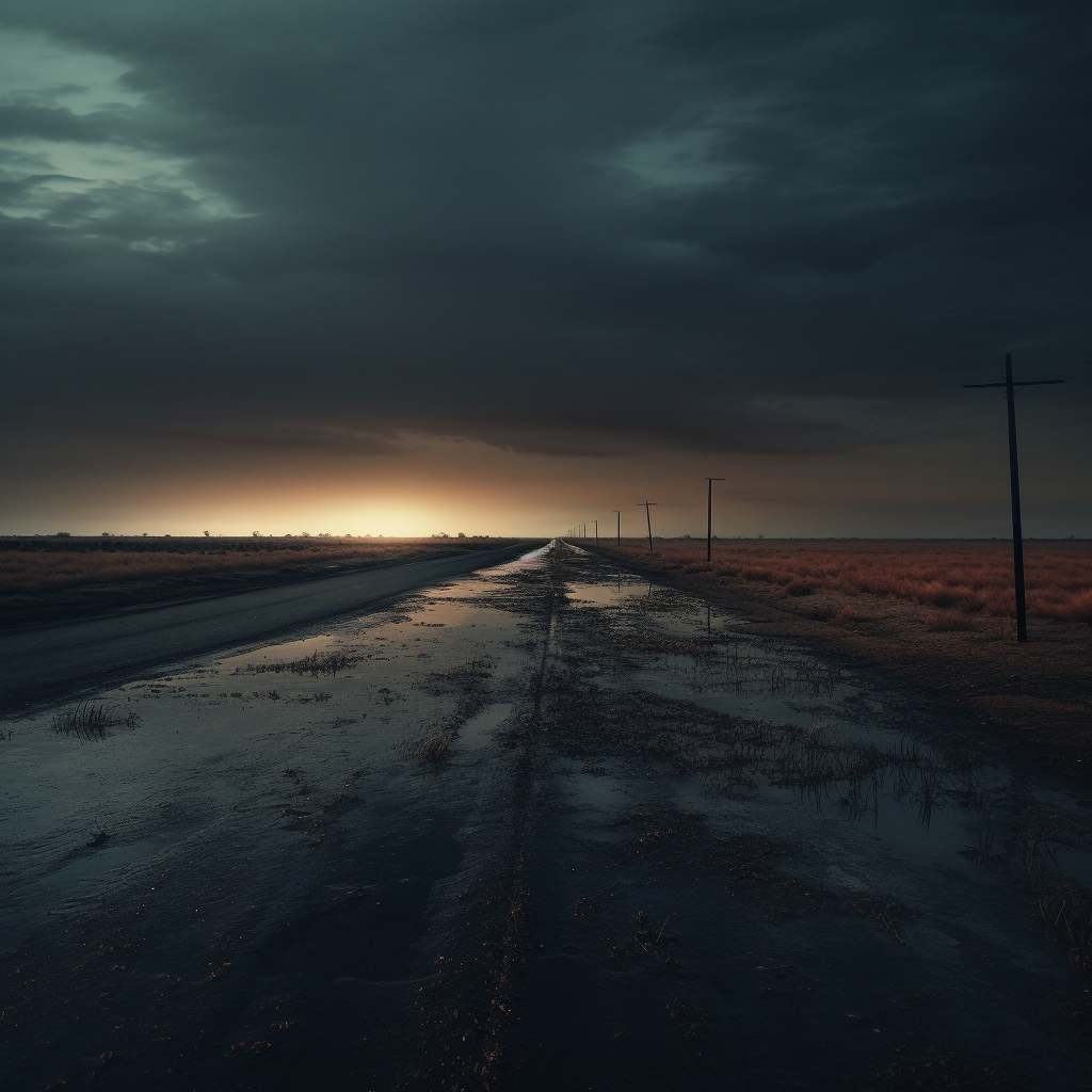 AI generated: Midjourney prompt: lone South-West highway, Mysterious (Midjourney - Photography)