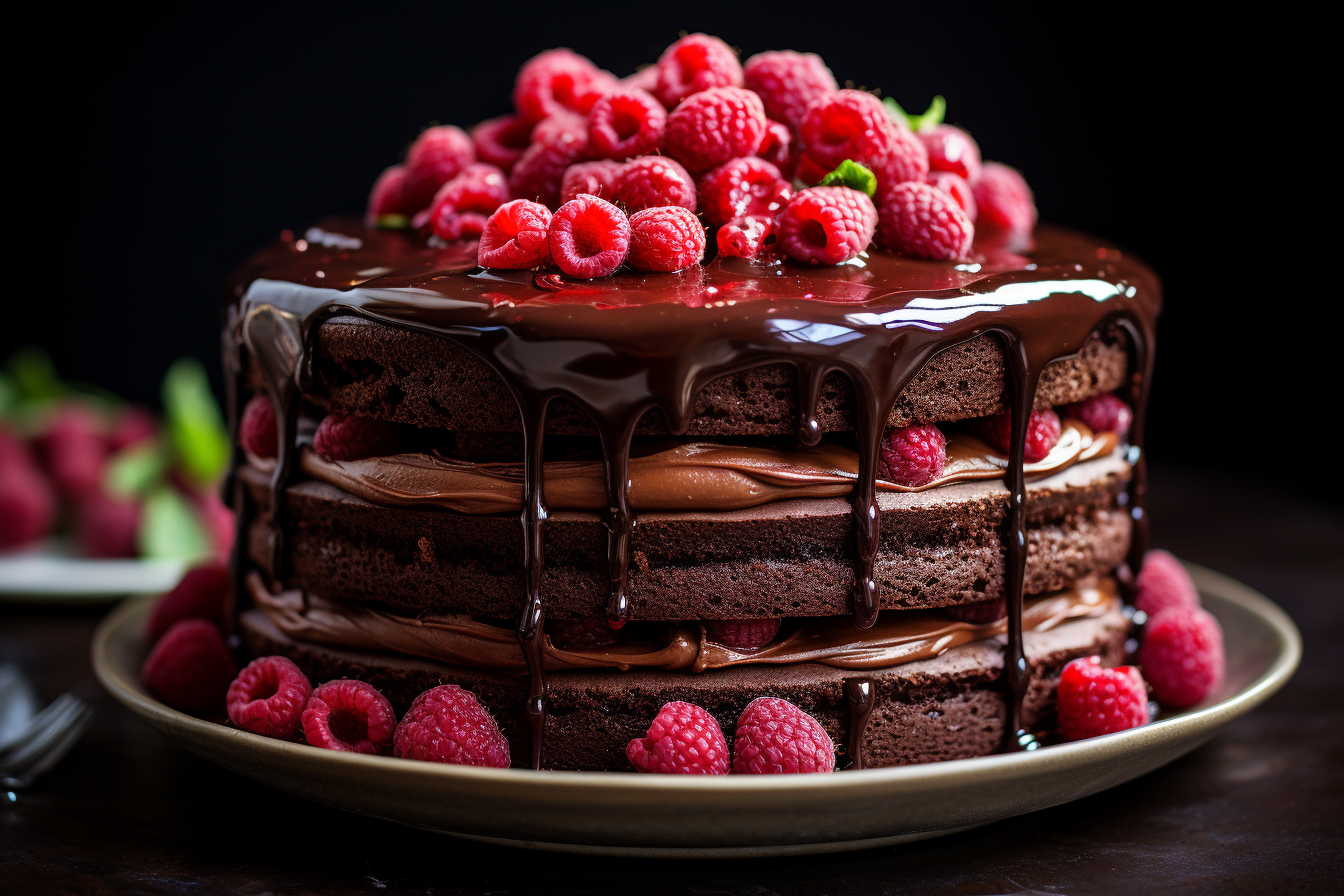 Midjourney prompt: A close-up shot of a decadent chocolate cake with ... - Midjourney