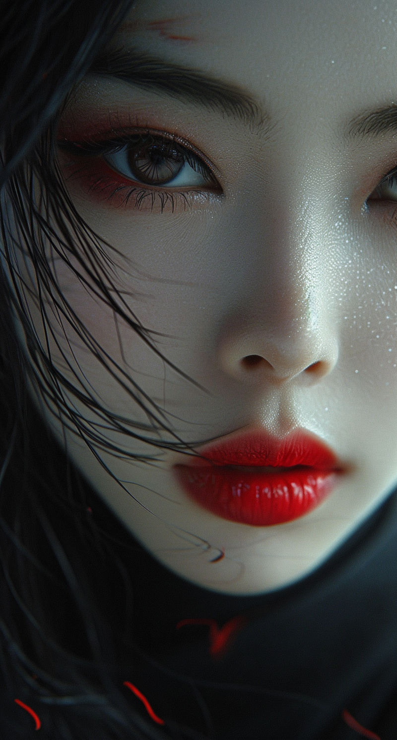 Midjourney prompt: a Japanese woman with red makeup and dark hair, in... - Midjourney