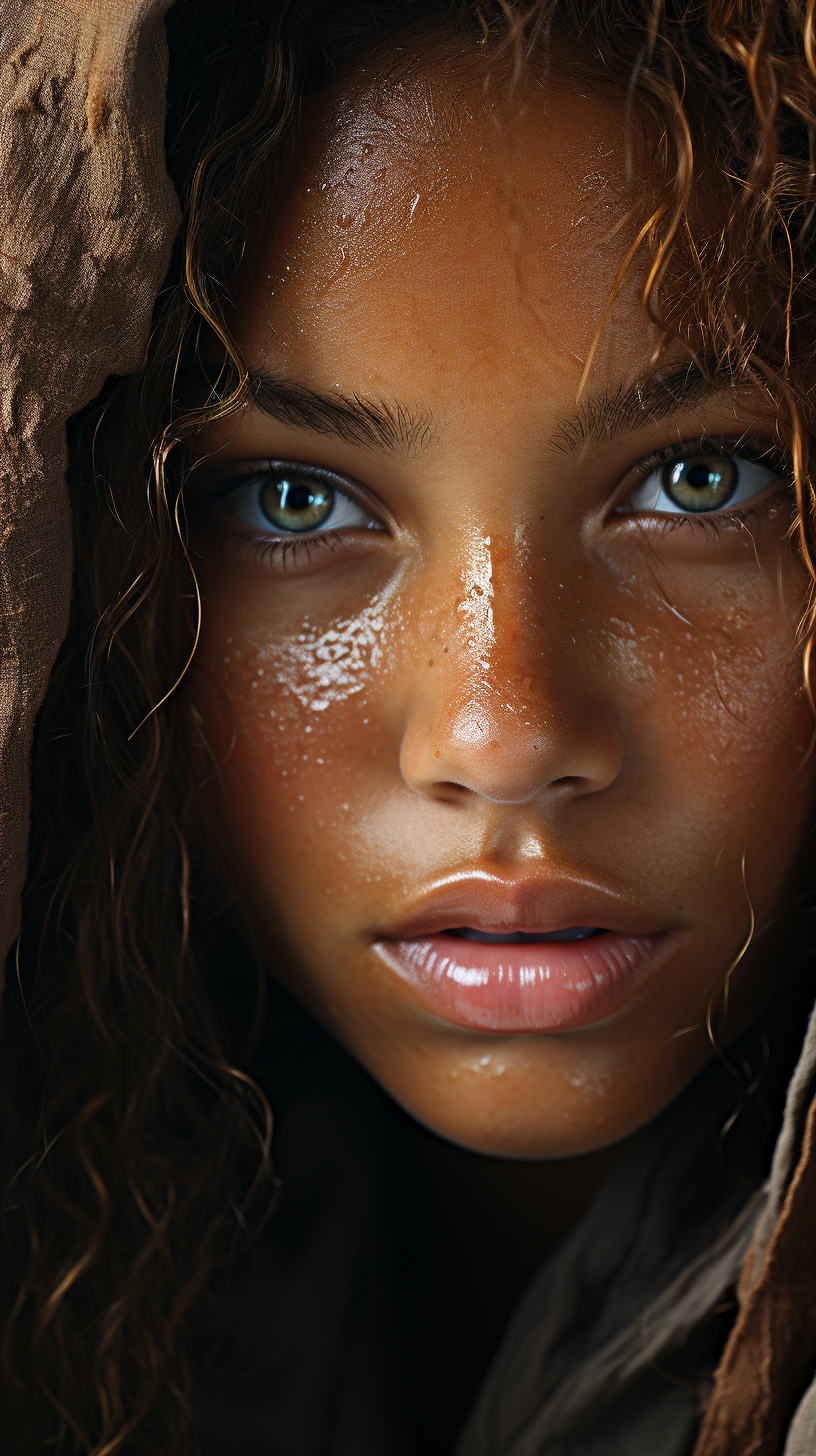Midjourney prompt: a close up of a woman with freckles on her face, a... - Midjourney
