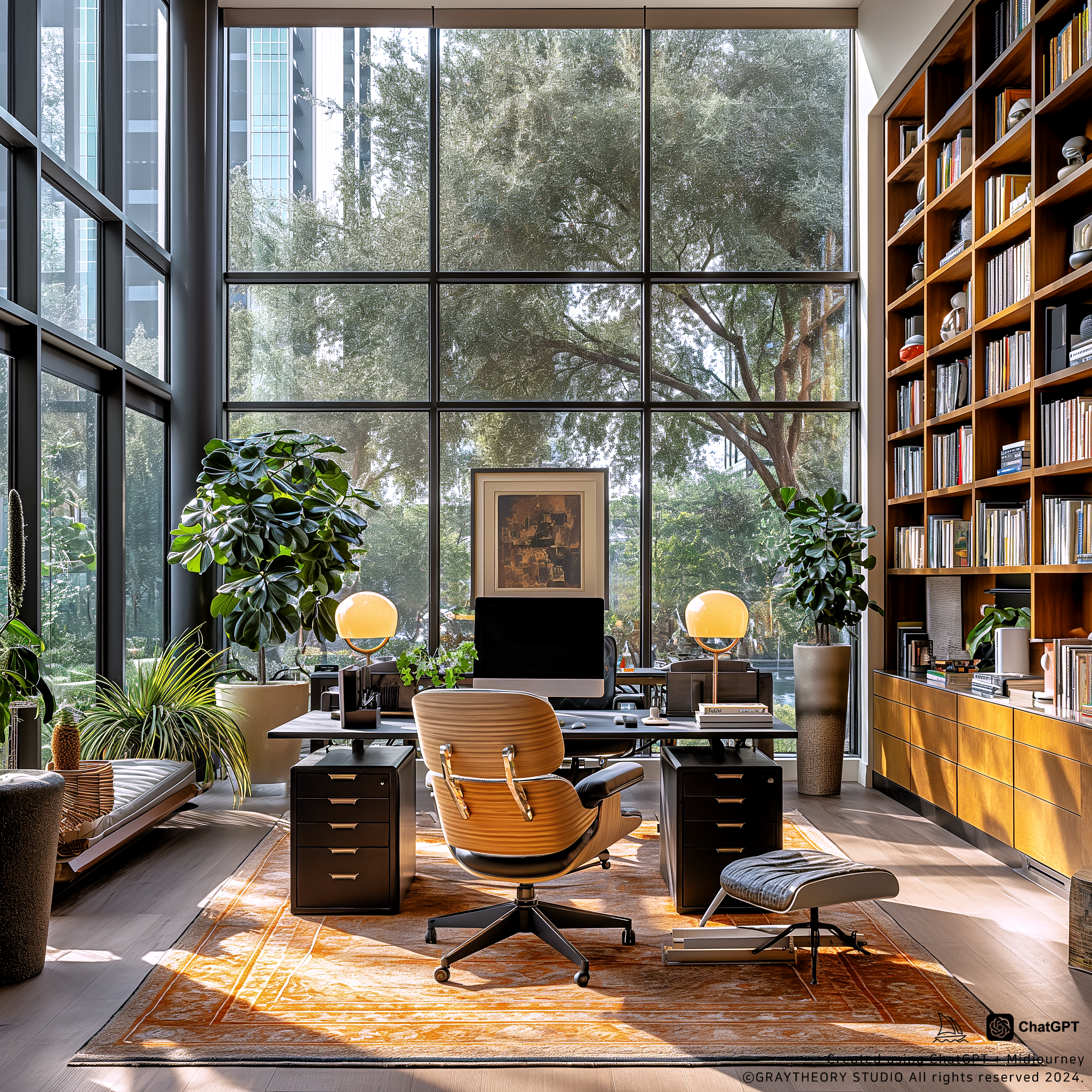 AI generated: Midjourney prompt: Spacious office with frontal view, Herman Miller A... (Midjourney - Interior Design)