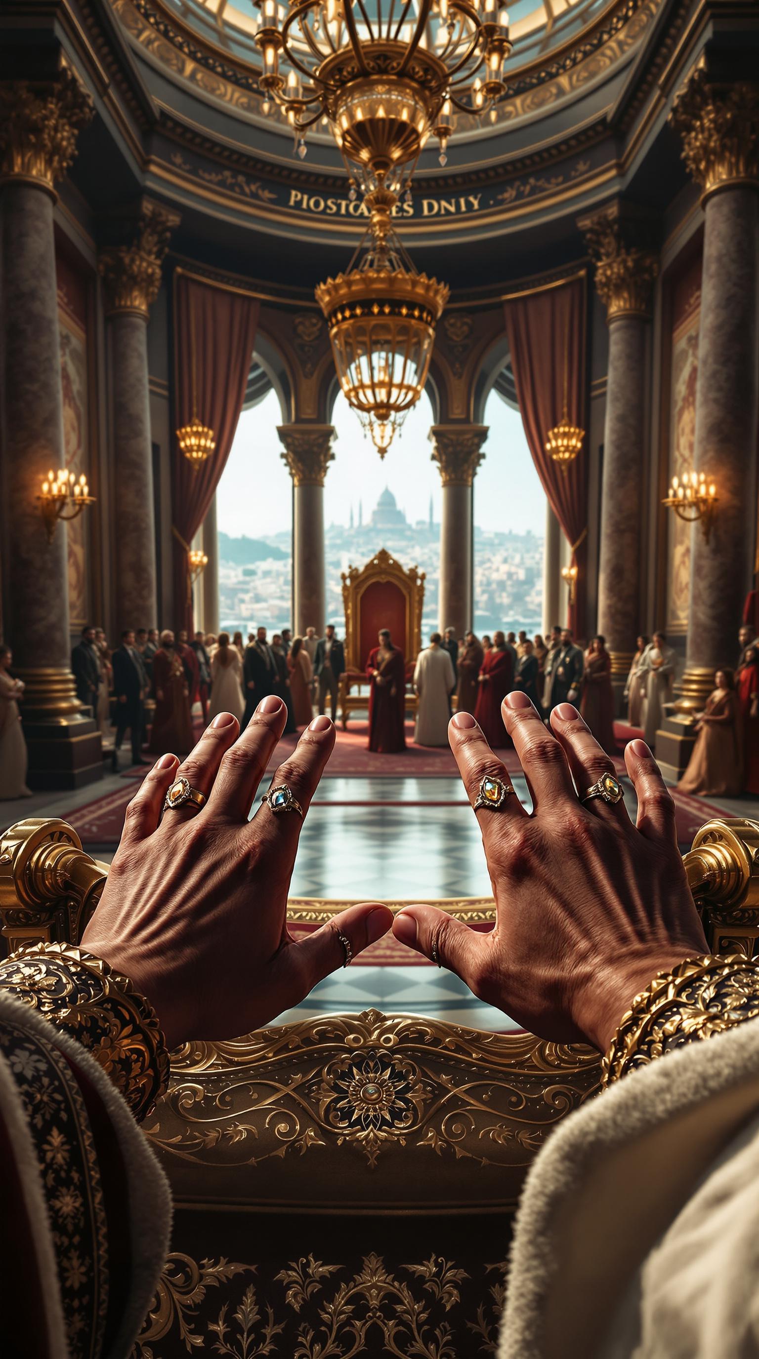 FLUX prompt: First person POV, the Sultan’s hands rest on the o... - FLUX