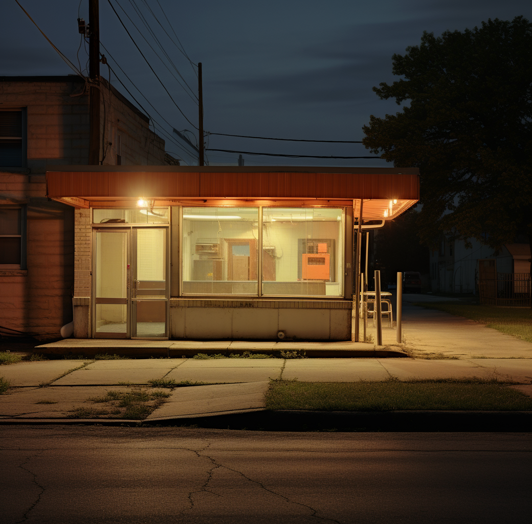 صورة مولدة بالذكاء الاصطناعي: Midjourney prompt: A photograph of an empty restaurant exterior at ni... (نموذج Midjourney - عمارة وتصميم)