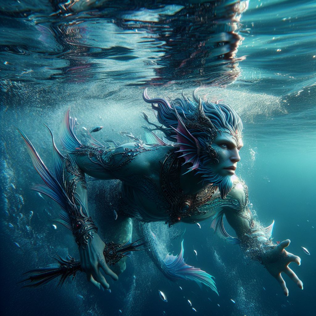 AI generated: DALL·E prompt: Beneath the surface of a crystal-clear lake, Nereu... (DALL·E - Character Design)