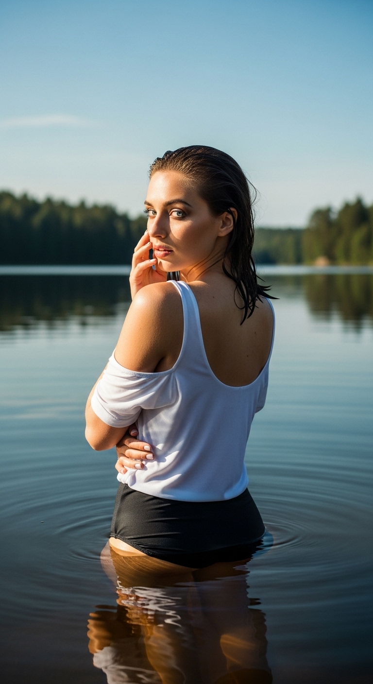 AI generated: Google Imagen prompt: A woman stands in a serene lake, her back to the v... (Google Imagen - Portraits)