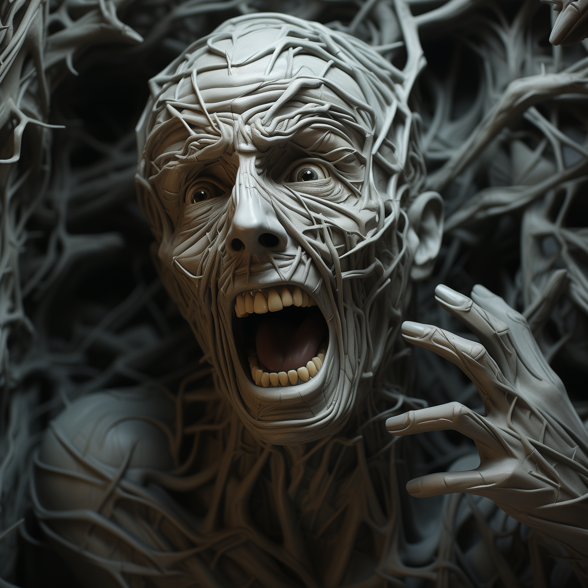 AI generated: Midjourney prompt: A man, bent in twisted unrealistic ways, his face ... (Midjourney - Concept Art)