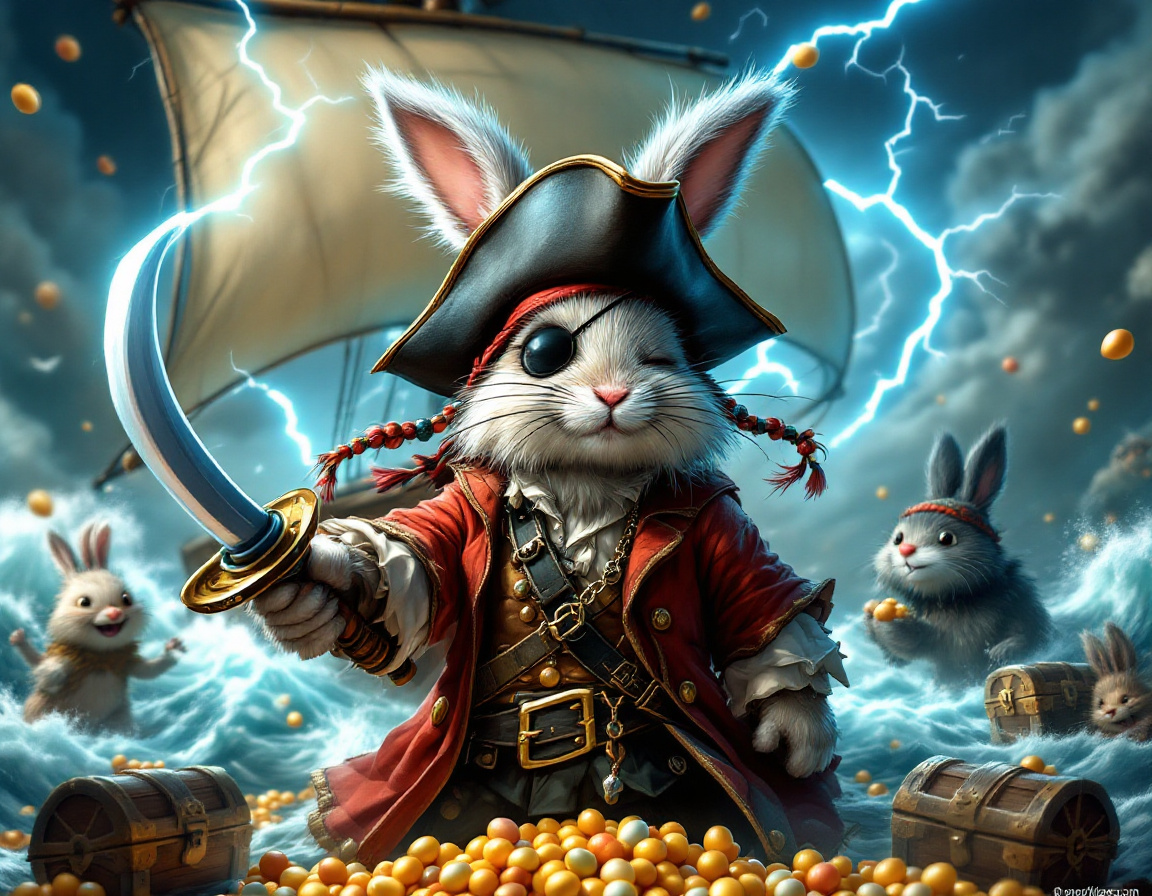 FLUX prompt: A weathered, swashbuckling rabbit pirate wit...