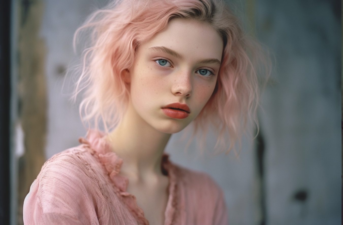 Midjourney prompt: a woman in a pink dress posing for a picture, maln... - Midjourney