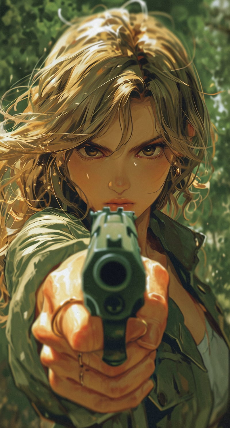 AI generated: Midjourney prompt: a girl holding a gun in her hand, in the style of ... (Midjourney - Portraits)