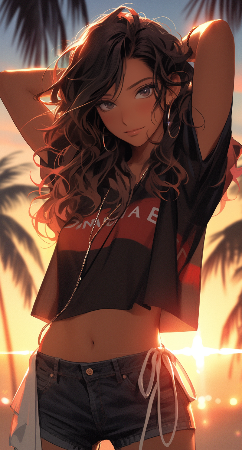 صورة مولدة بالذكاء الاصطناعي: Midjourney prompt: an anime girl wearing black shorts in front of pal... (نموذج Midjourney - أنمي)
