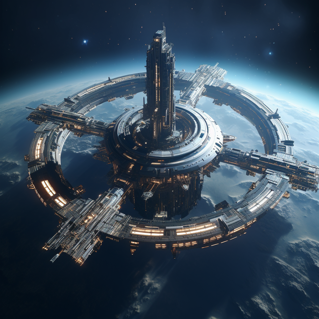 صورة مولدة بالذكاء الاصطناعي: Midjourney prompt: wide angle shot of a futuristic space station floa... (نموذج Midjourney - فن مفاهيمي)