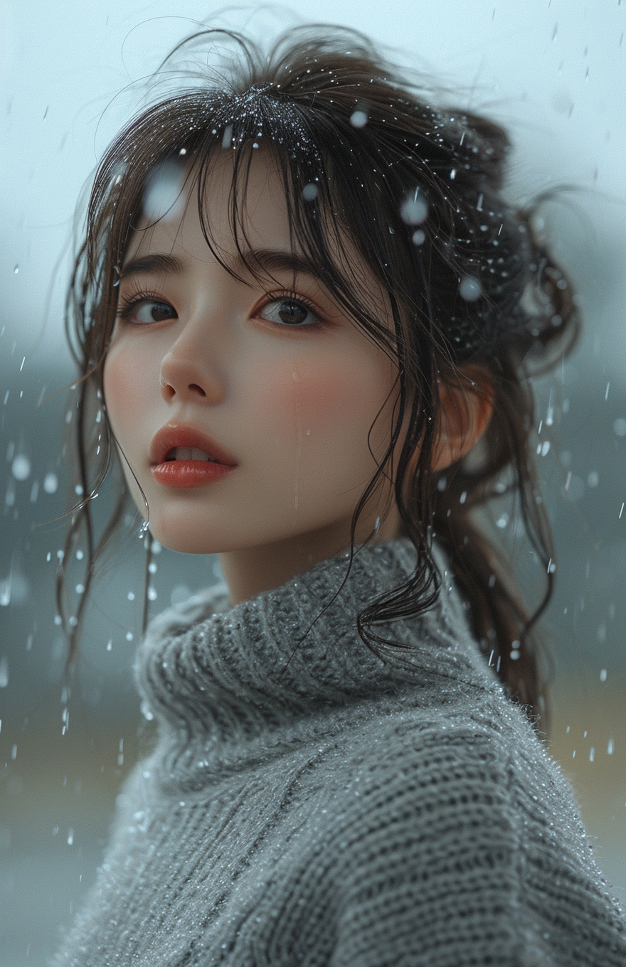 AI generated: Midjourney prompt: a girl standing in the rain wearing a grey sweater... (Midjourney - Photography)