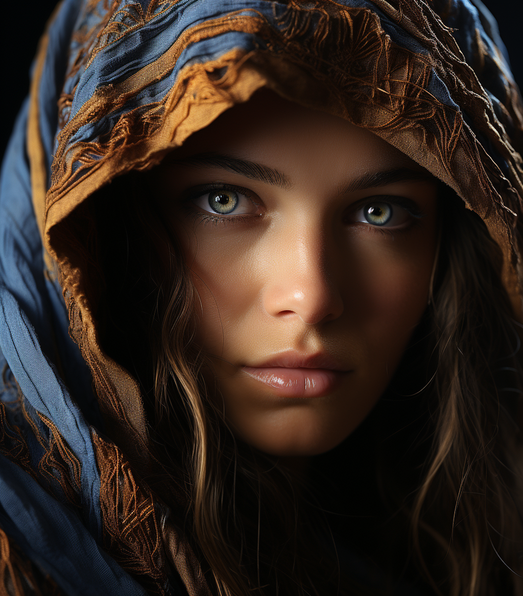 Midjourney prompt: a photo of a woman with blue eyes looking at herse... - Midjourney