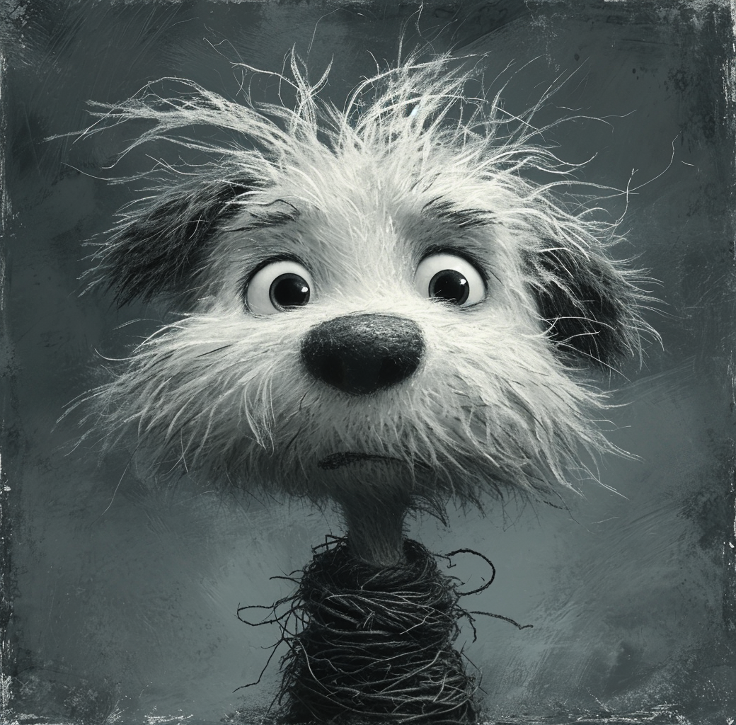 Midjourney prompt: an illustration of a dog with messy hair, in the s... - Midjourney