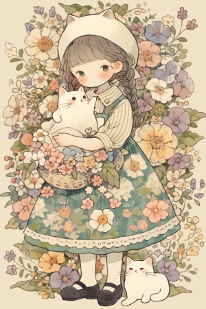 Midjourney prompt: Scribble of chibi girl with cat, floral design, pa... - Midjourney