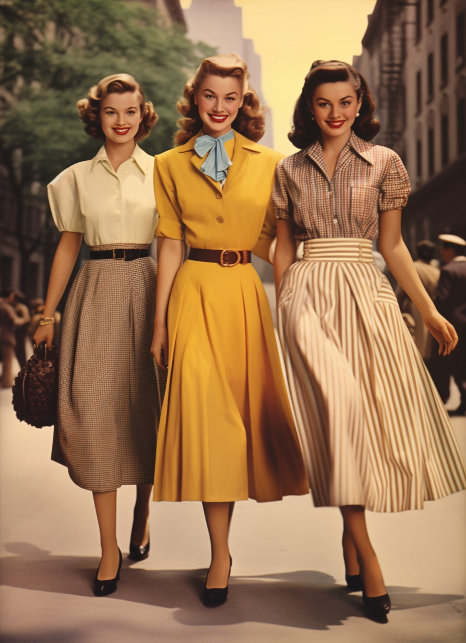AI generated: Midjourney prompt: A vintage fashion magazine page featuring three wo... (Midjourney - Fashion)