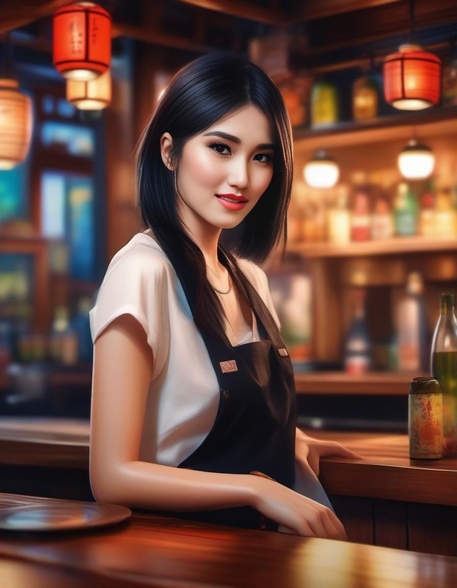 Midjourney prompt: Action shot of a woman in the wooden bar of a live... - Midjourney