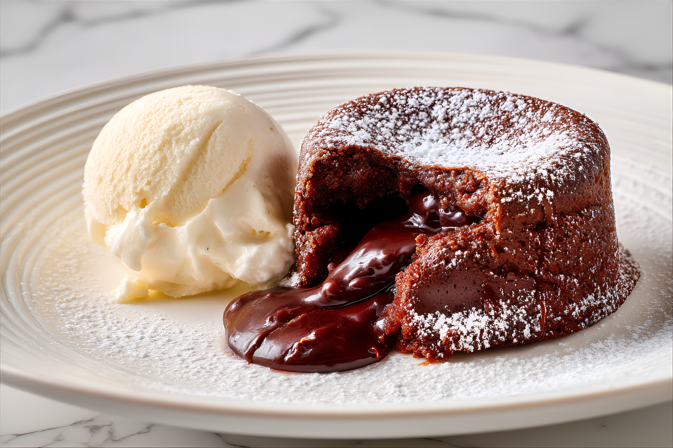 AI generated: Midjourney prompt: decadent chocolate lava cake on a pristine white p... (Midjourney - Concept Art)