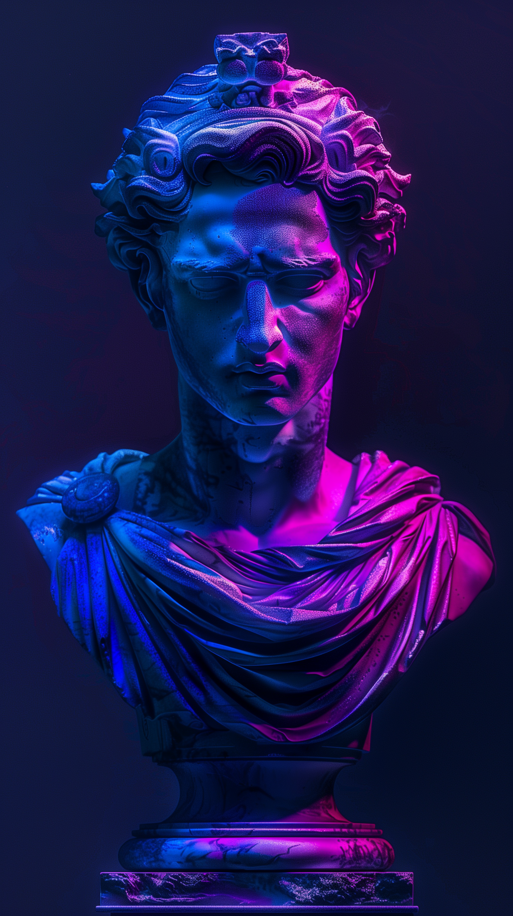 AI generated: Midjourney prompt: neon glow classical bust, front view, deep purple ... (Midjourney - Photography)