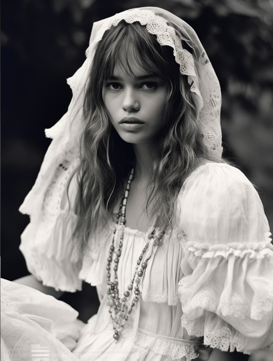Midjourney prompt: a black and white photo of a woman in a dress, tum... - Midjourney