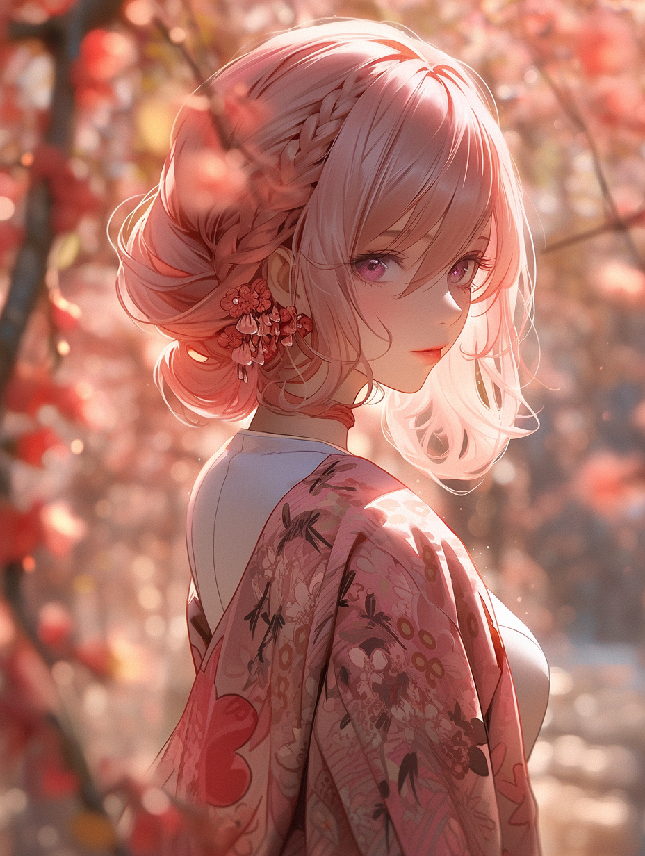 Midjourney prompt: Asian woman stands under sakura, cute face, pink h... - Midjourney
