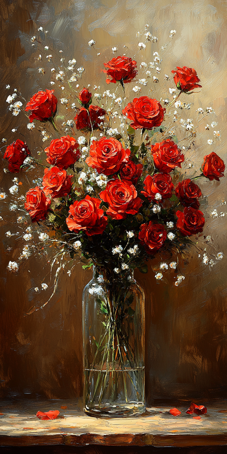 Midjourney prompt: A massive bouquet of red roses and baby's breath i... - Midjourney