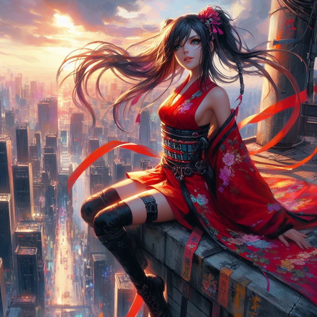 AI generated: DALL·E prompt: painterly style, urbanpunk, more colorful, (Mai Sh... (DALL·E - Character Design)