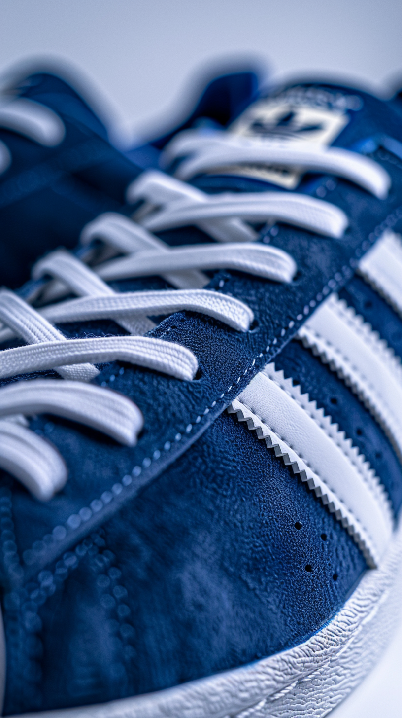 AI generated: Midjourney prompt: photograph, productive view, Adidas blue suede sne... (Midjourney - Photography)