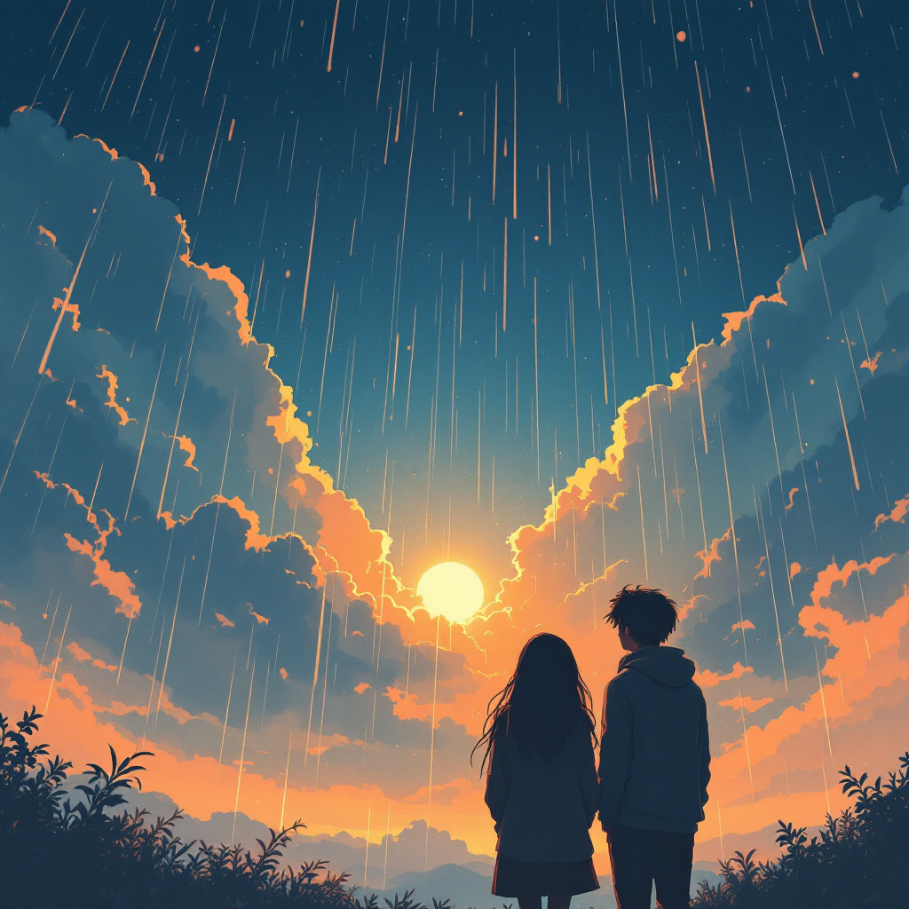 صورة مولدة بالذكاء الاصطناعي: FLUX prompt: create a ghibli art image of a couple looking at t... (نموذج FLUX - أنمي)