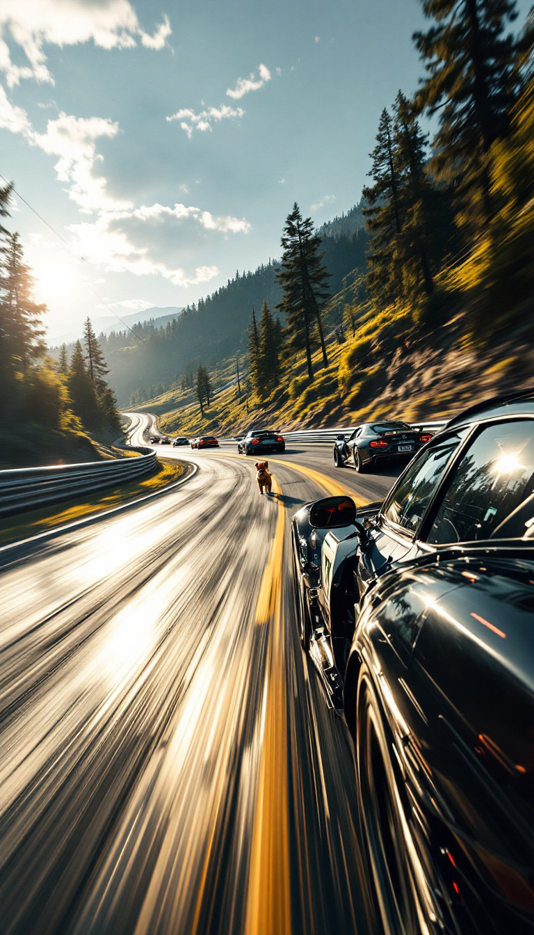 FLUX prompt: Summer. A racing car rushes along the track....