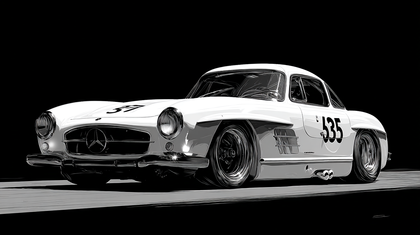 صورة مولدة بالذكاء الاصطناعي: Midjourney prompt: White Mercedes-Benz 300SL Gullwing race car, side ... (نموذج Midjourney - فن مفاهيمي)