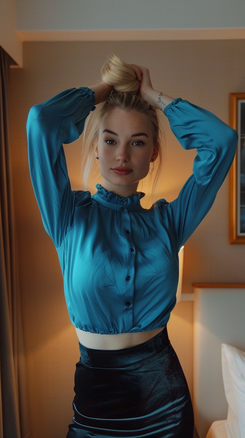 Midjourney prompt: a photograph of a young woman with blonde hair in ... - Midjourney