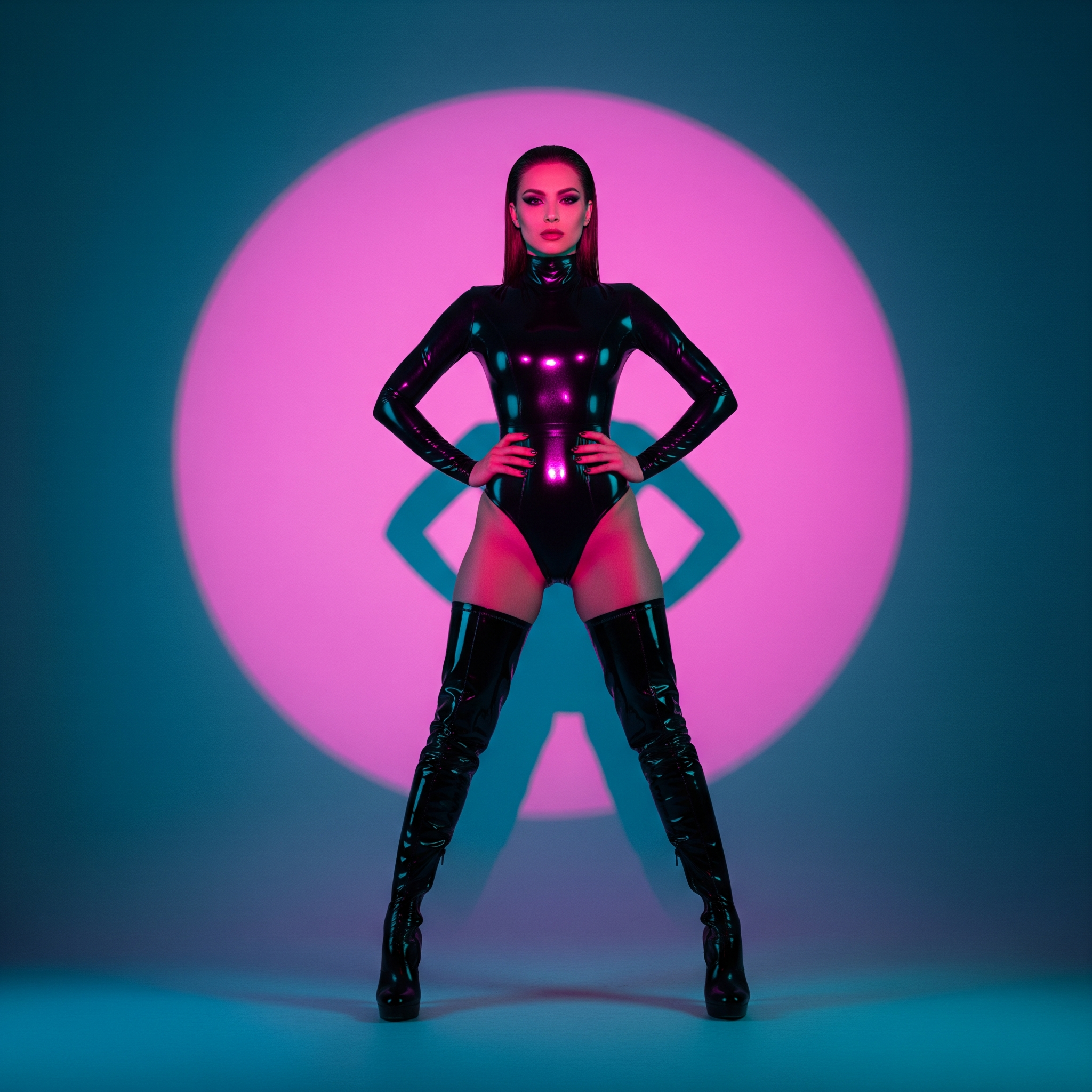 صورة مولدة بالذكاء الاصطناعي: Imagen prompt: Full-body shot of a powerful woman in a high-shine... (نموذج Imagen - أزياء وموضة)