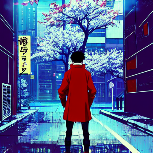 AI generated: Stable Diffusion prompt: anime key visual of cyberpunk man in red cloak wal... (Stable Diffusion - Anime)