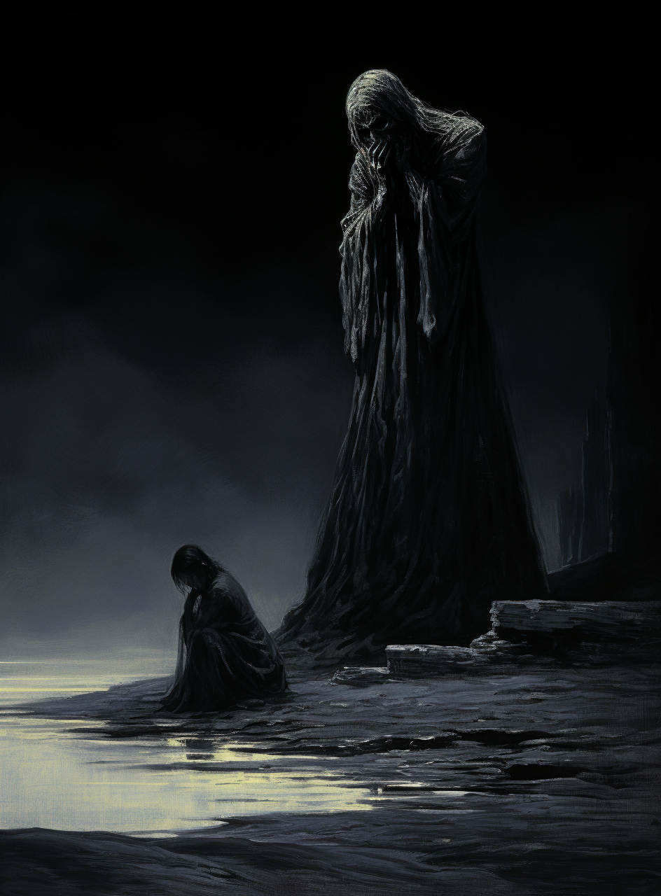 AI generated: Midjourney prompt: black and white illustration of the grim reaper st... (Midjourney - Character Design)