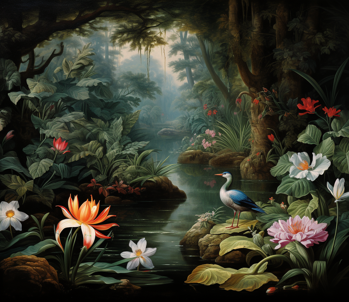 AI generated: Midjourney prompt: the ducks in the lily pond have been painted, in t... (Midjourney - Landscapes)