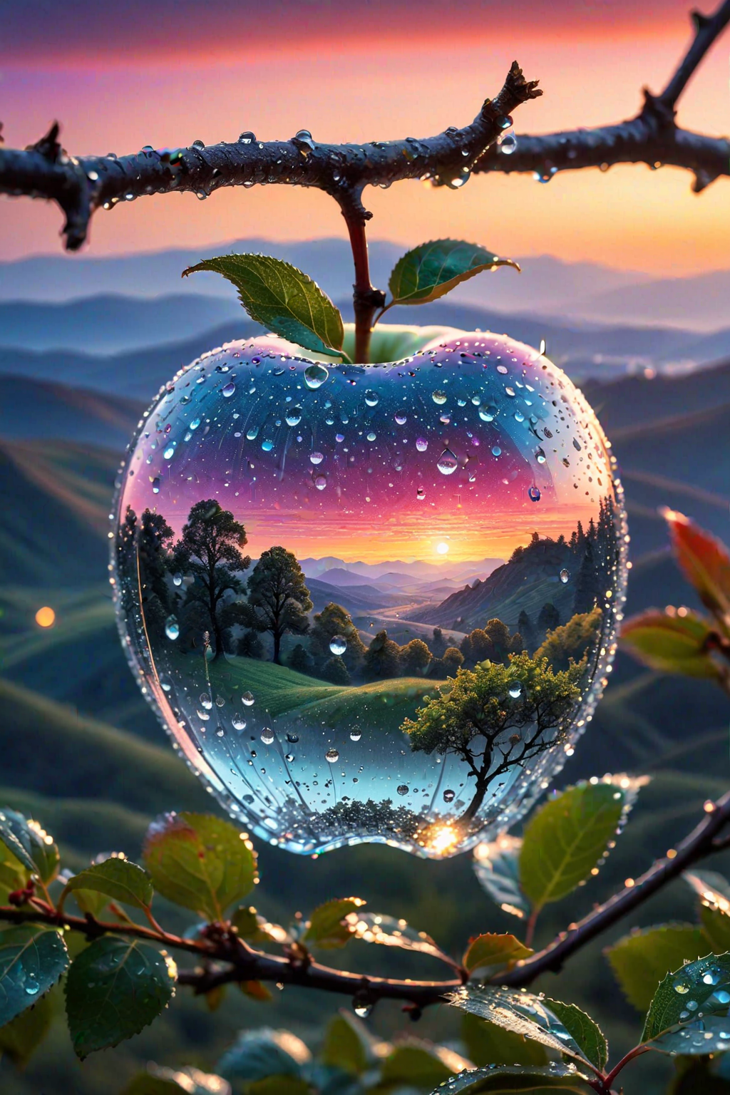 AI generated: Stable Diffusion prompt: ((a delicate big apple)), made of diamond hung on ... (Stable Diffusion - Photography)