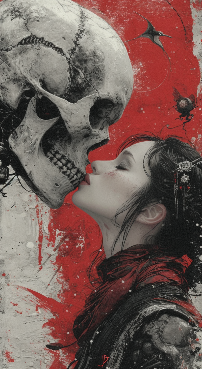 Midjourney prompt: an image of a woman kissing a skull, in the style ... - Midjourney