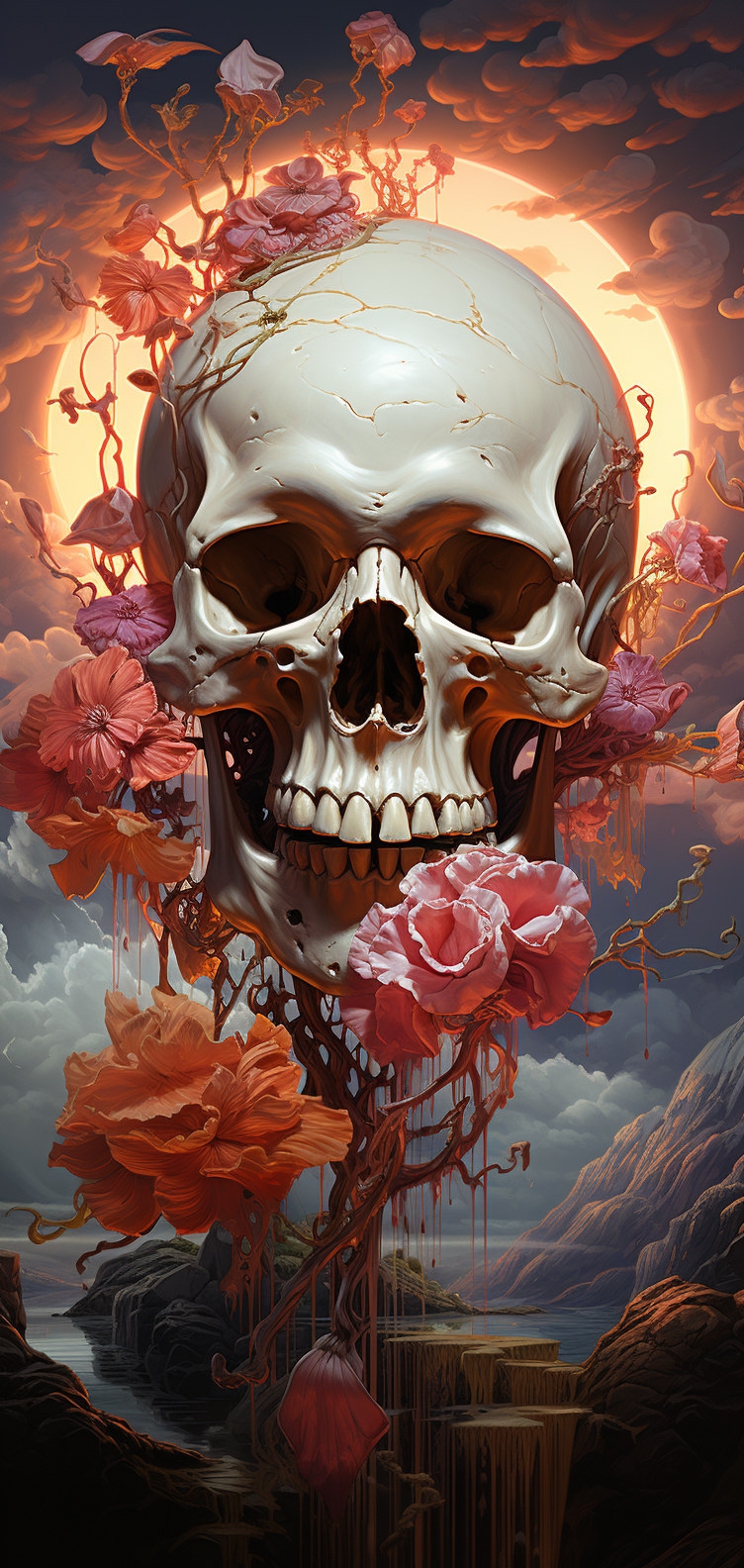 Midjourney prompt: surrealist painting of a human skull with the moon... - Midjourney