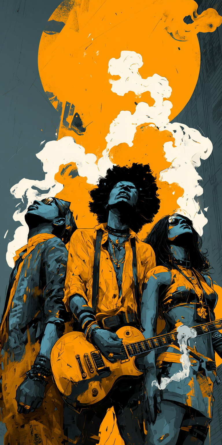 Midjourney prompt: graphic illustration of an 1970s rock band album c... - Midjourney